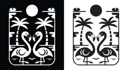 Stylized tropical flamingos with palm trees and a sun creative illustration on contrasting backgrounds © Mostofa art