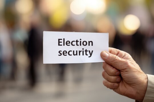 Close-up of a male hand holding a banner reading Election security against a blurred civic background