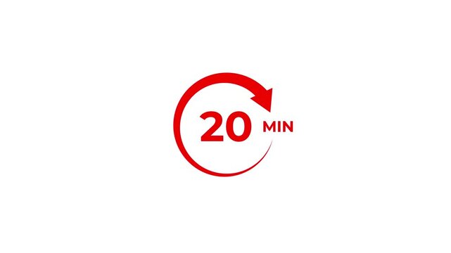 20 Min arrow clock icon animation. 20 minute animation on white background and creating a stunning 4k video.