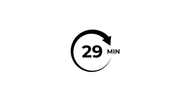 29 Min arrow clock icon animation. 29 minute animation on white background and creating a stunning 4k video.