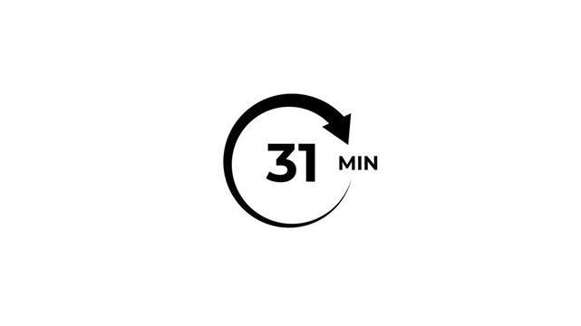A circular arrow rotates with a ticking clock face, then displays 31 min in a dynamic and clean animation on a white background white background
