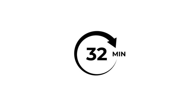 A circular arrow rotates with a ticking clock face, then displays 32 min in a dynamic and clean animation on a white background white background