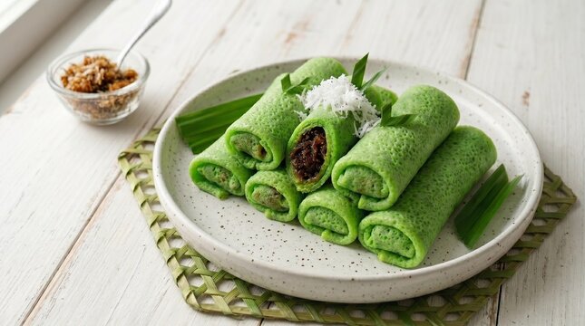 An appetizing high-angle shot of sweet Indonesian dadar gulung green pandan crepes filled with grated palm sugar coconut, decorated with shredded coconut topping and fresh pandan leaf garnishes.