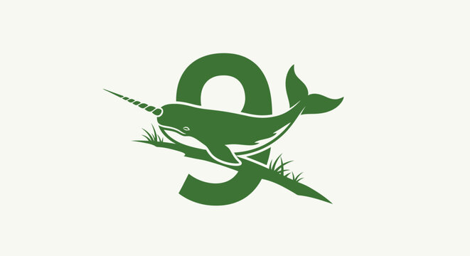 Green Swordfish and Whale Tail Logo Design.