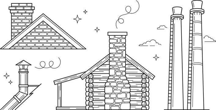 House chimney and roof line icon set with log cabin brick rooftop and industrial factory pipes