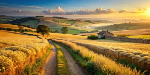 Fototapeta premium Golden Hour Countryside Serene Farmhouse Beside a Winding Dirt Road Through Rolling Fields of Wheat at Sunset