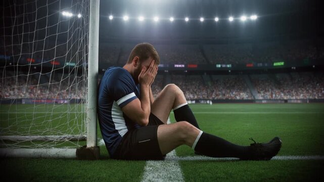Sad soccer player sits on field near goalpost at night