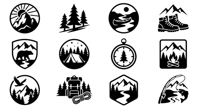 Black and white mountain landscape icons.