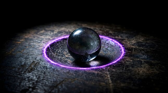 A dark crystal ball sitting within a glowing neon circle of light on weathered timber, a visual metaphor for scrying the future, spiritual energy, and the focal point of destiny.