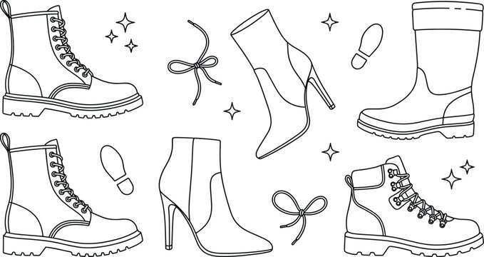 Women and men winter boots line icon set with combat boots high heels and rain footwear