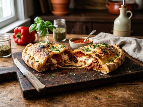 Hearty baked calzone stuffed with savory ingredients, a delicious Italian culinary delight
