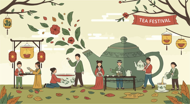 A colorful illustration of people celebrating a tea festival