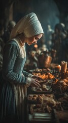 Fototapeta premium Europe medieval lifestyle. A moody, atmospheric portrayal of a woman in a medieval setting. She wears a blue dress with a white bonnet, and her hands delicately hold a plate of food.