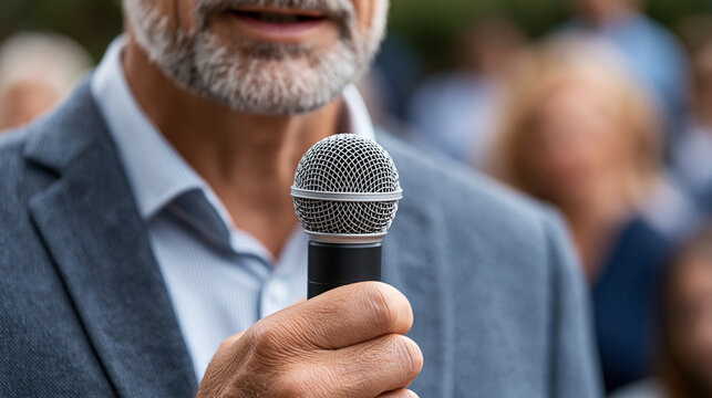 Senior man holding microphone, communicating ideas and leadership at public event, addressing audience during speech or political rally, sharing important information, copy space