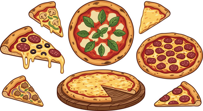 Hand drawn delicious pizza vector illustration set with pepperoni margarita mushroom slices and whole pizzas isolated on a white background