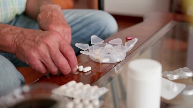 Elderly man hands sorting daily pills into organizer