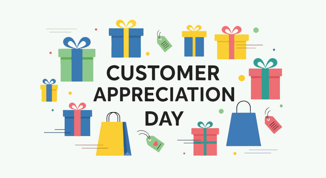 Colorful illustration of gifts and bags for Customer Appreciation Day