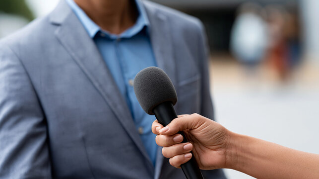 Hand holding microphone interviewing a man in a formal suit, capturing news reporting, media communication, and press conference concepts