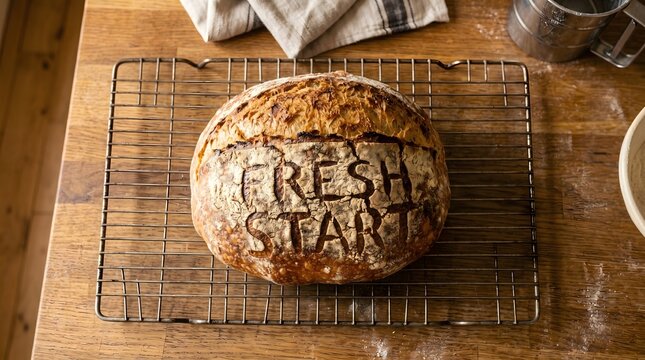 A freshly baked artisanal loaf of sourdough bread with the words "Fresh Start" baked into its golden crust, representing wholesome new beginnings and nourishing life transitions.