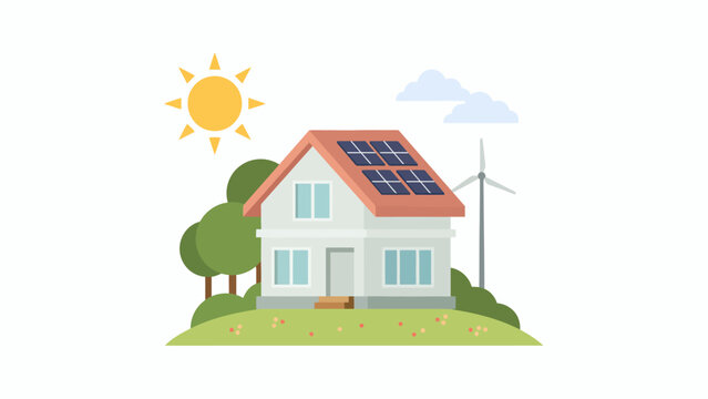 Eco-friendly house with solar panels and wind turbine on a sunny day, representing renewable energy and sustainability