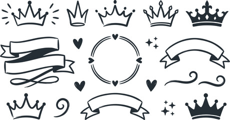 Hand drawn vector crown and ribbon banner set with doodle hearts stars circle frame design elements isolated on white background for royal celebration © MstAirin
