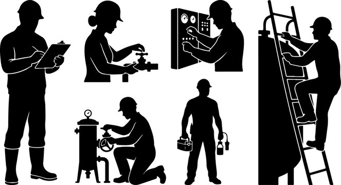 Set of industrial worker silhouettes performing various tasks vector illustration