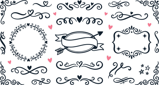 Hand drawn vintage text dividers and corner borders set with circular laurel wreath ribbon banner arrow frame ornaments isolated on white background