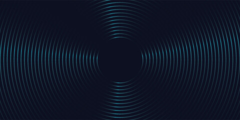 Abstract dark blue background with circular glowing neon lines, concentric rings technology pattern, modern digital audio wave texture, futuristic corporate presentation backdrop vector design. © achmad