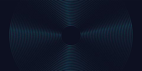 Abstract dark blue background with circular glowing neon lines, concentric rings technology pattern, modern digital audio wave texture, futuristic corporate presentation backdrop vector design. © achmad