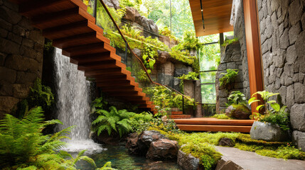 Obraz premium Biophilic interior design features natural stone walls wooden staircase and lush green plants creating serene and refreshing