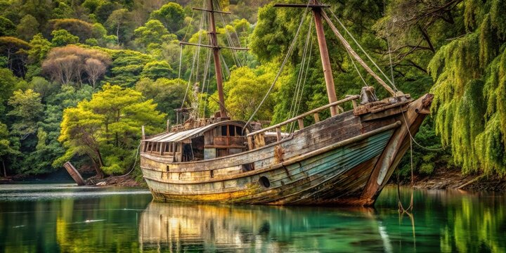 A weathered wooden sailing vessel rests serenely in a tranquil, verdant cove, its aged hull reflecting the surrounding lush foliage