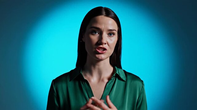 Woman speaking to camera against blue background. Caucasian female presenter gesturing while talking. Professional vlog or interview setup for communication concept.