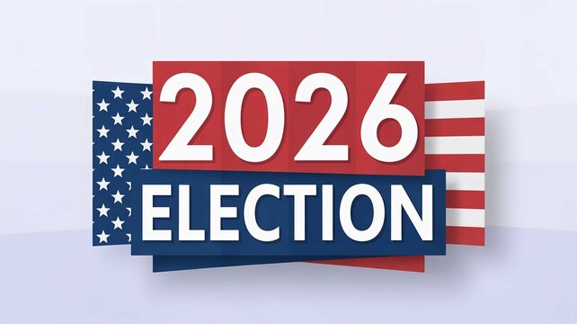 Bold graphic design showing the year 2026 election with stylized american flag elements and text