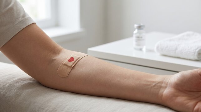 Patient arm with a heart adhesive bandage after a medical injection procedure in a bright clinic setting representing blood donation