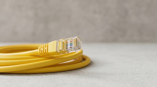 Bright yellow ethernet network cable coiled on a neutral gray background representing high speed internet connectivity