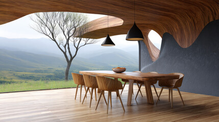 Obraz premium Biophilic interior design features natural wood furniture and organic shapes blending with serene mountain views creating