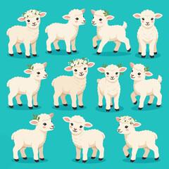Fototapeta premium Collection of Adorable Cartoon Lambs with Flower Crowns
