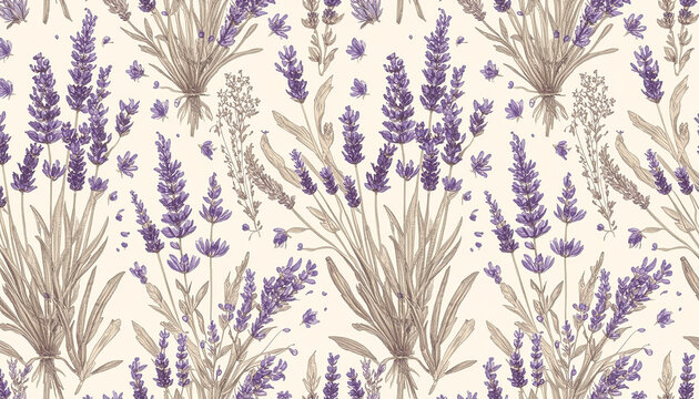 Vintage lavender botanical pattern with detailed herbal illustrations in an elegant antique style.