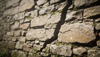 Fototapeta premium Basking weathered dry-stone wall showing texture in garden, with moss, lichen, lens flare, dust