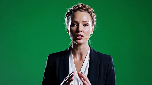 Woman lecturer in business suit talking against green background. Professional speaker presenting information. Corporate communication and broadcasting presentation concept.