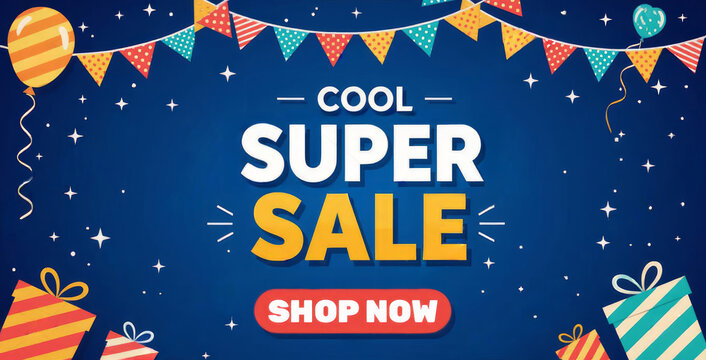 Cool super sale promotion banner with party decoration