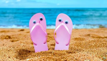 Fototapeta premium Pink flip flops with googly eyes on beach sand