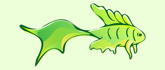 Fototapeta premium Whimsical hand drawn vector illustration of a stylized tropical fish, resembling a long finned fancy guppy, featuring fluid line art contours and a vibrant lime green gradient fill.