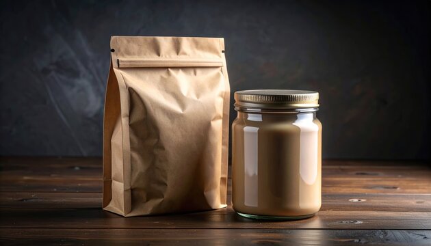 Kraft paper bag and glass jar with creamy substance on wooden surface.