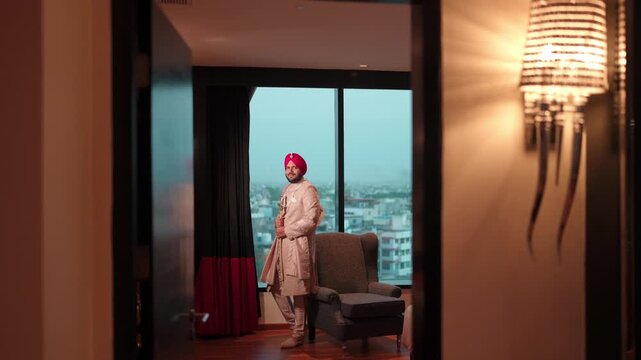 Cinematic Doorway Reveal of a Sikh Groom Before his Wedding