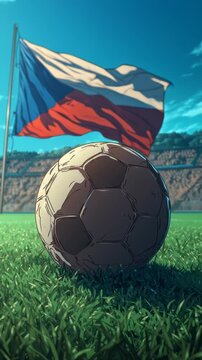 Soccer ball on grass field with Czech Republic flag in the background under blue sky.