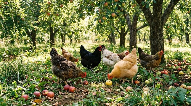 Chickens foraging in an orchard with fallen apples on the ground