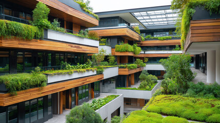 Fototapeta premium Modern biophilic interior design features wood paneling and abundant greenery creating natural and calming atmosphere this