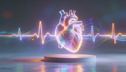 Floating holographic anatomical heart glowing above circular pedestal in studio, with ECG waveform
