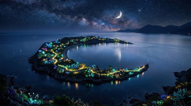 A serene night scene featuring a crescent-shaped island illuminated with vibrant green and blue lights.